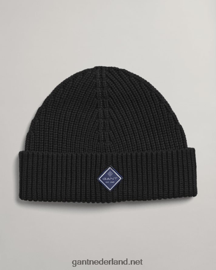 GANT Heren zwart katoenen geribbelde gebreide muts R48460483