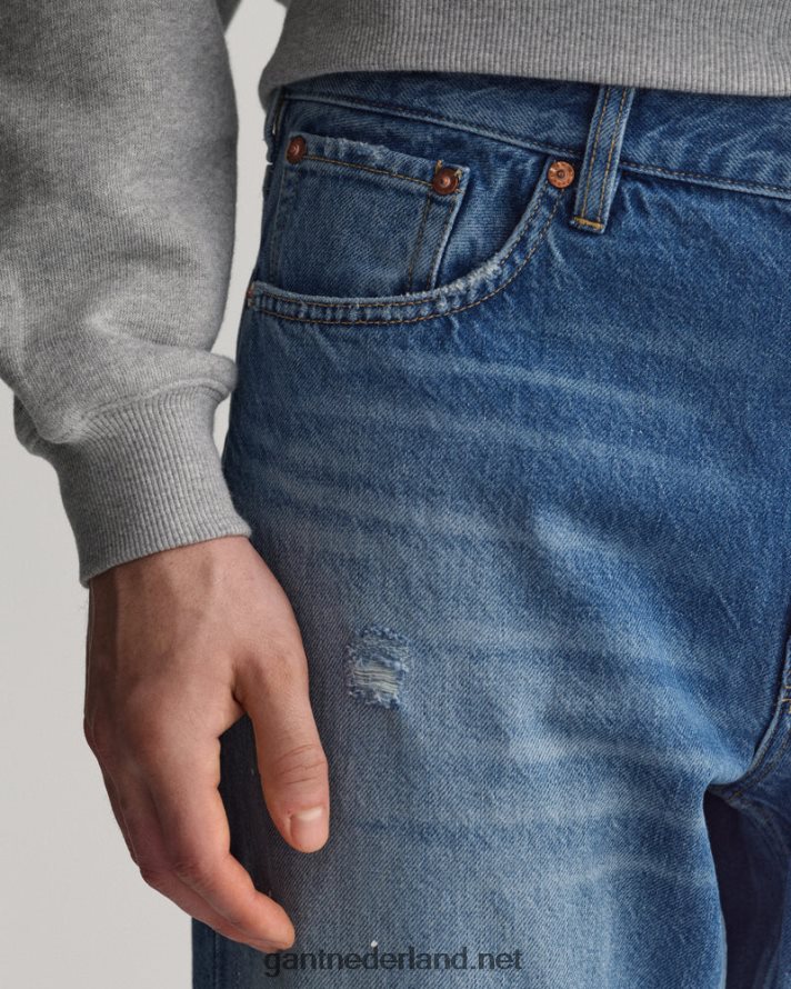 GANT Heren middenblauwe wijnoogst versleten en gescheurde spijkerbroek R48460405