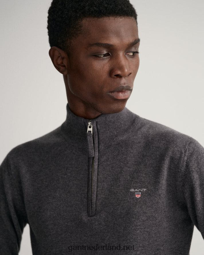 GANT Heren antraciet gemêleerd superfijne lamswollen trui met halve rits R48460330