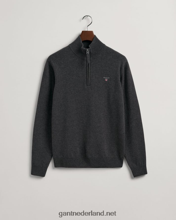 GANT Heren antraciet gemêleerd superfijne lamswollen trui met halve rits R48460330
