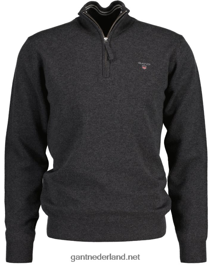 GANT Heren antraciet gemêleerd superfijne lamswollen trui met halve rits R48460330