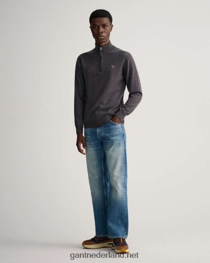 GANT Heren antraciet gemêleerd superfijne lamswollen trui met halve rits R48460330