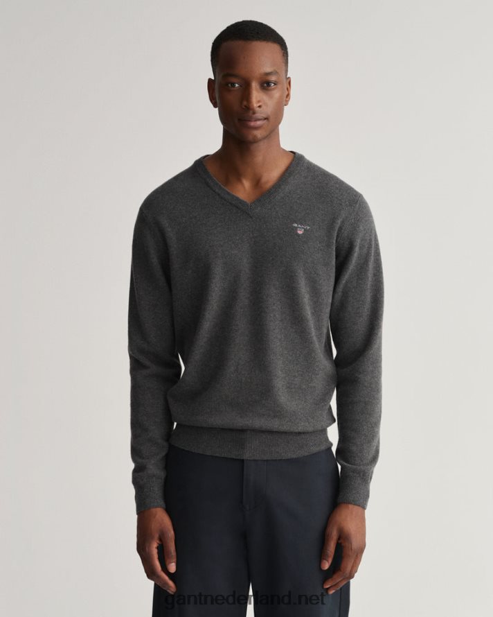 GANT Heren antraciet gemêleerd superfijne lamswollen v-hals trui R48460307