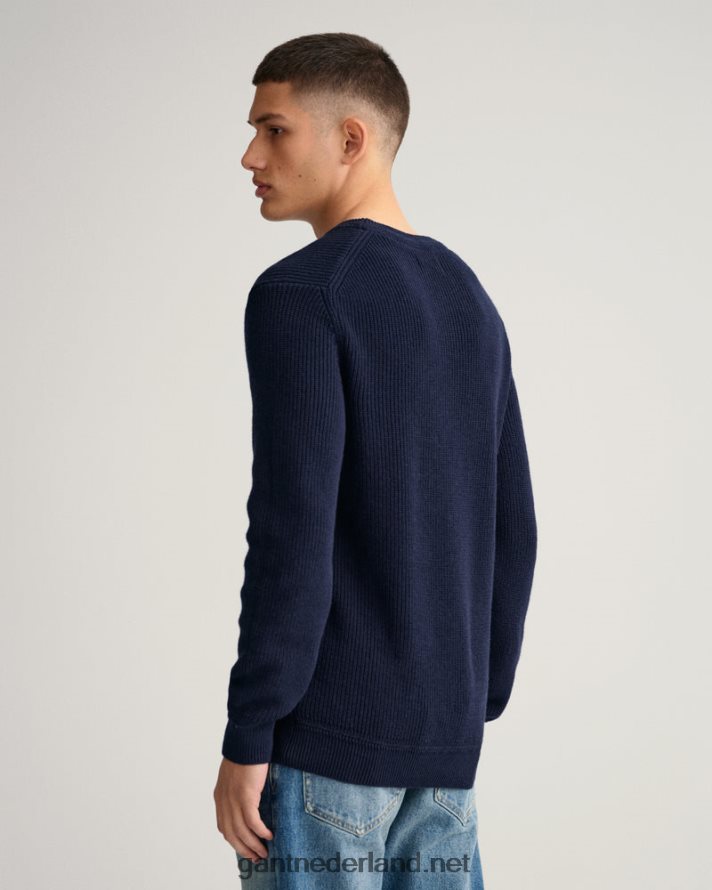 GANT Heren avond blauw geribbelde trui met ronde hals van katoen R48460347