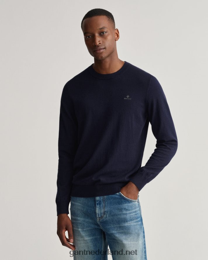 GANT Heren avond blauw katoenen kasjmier trui met ronde hals R48460326