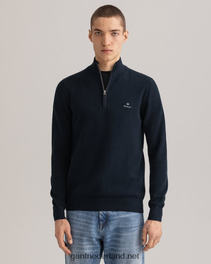 GANT Heren avond blauw sweater van piquékatoen met halve rits R48460352