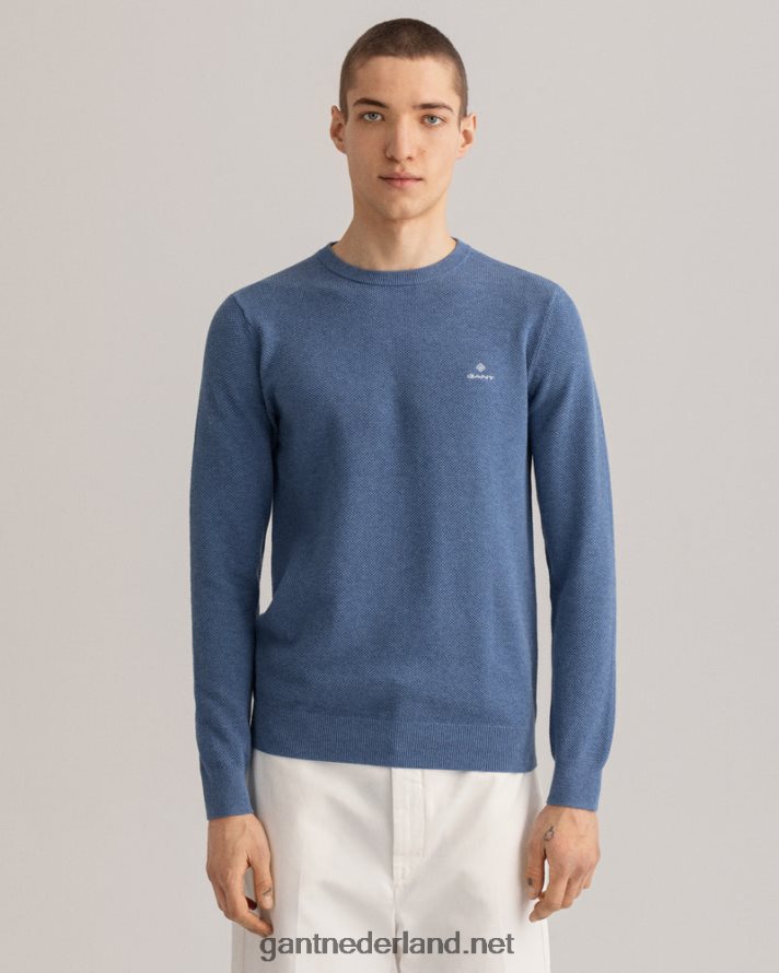 GANT Heren denimblauw mel katoenen piqué trui met ronde hals R48460345