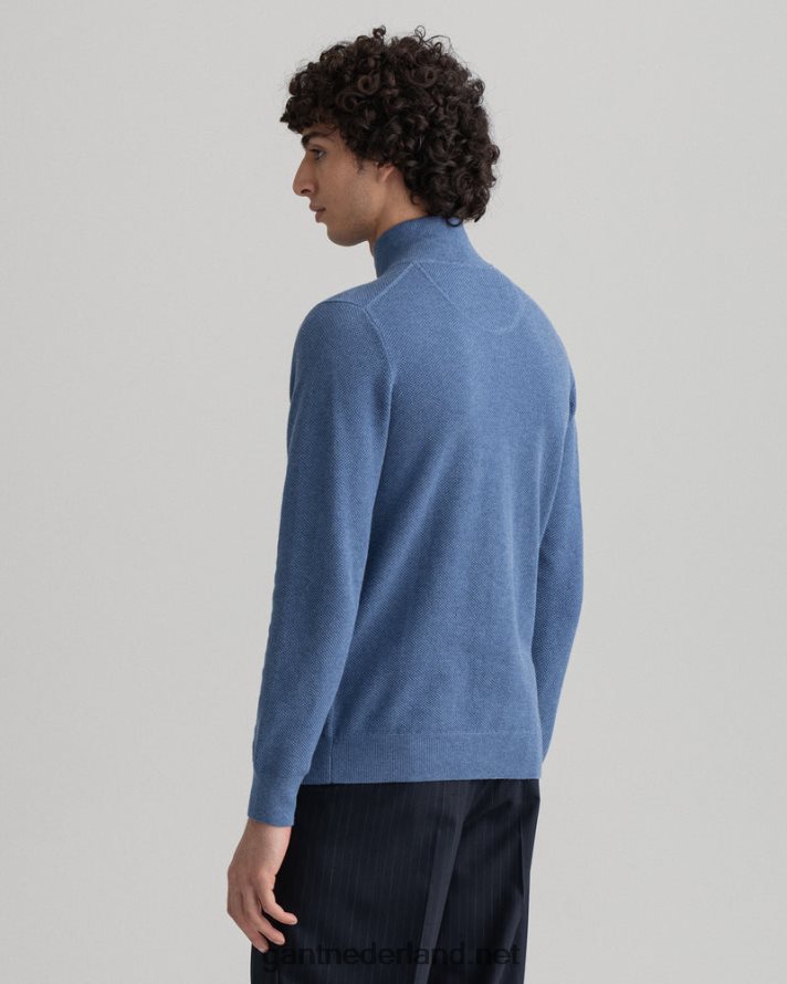 GANT Heren denimblauw mel sweater van piquékatoen met halve rits R48460318