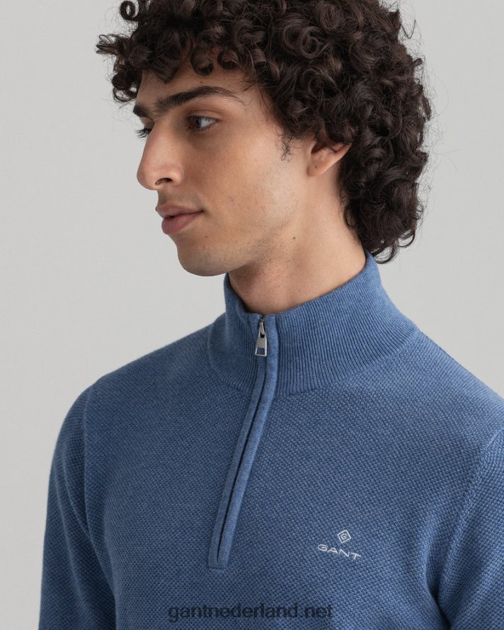 GANT Heren denimblauw mel sweater van piquékatoen met halve rits R48460318