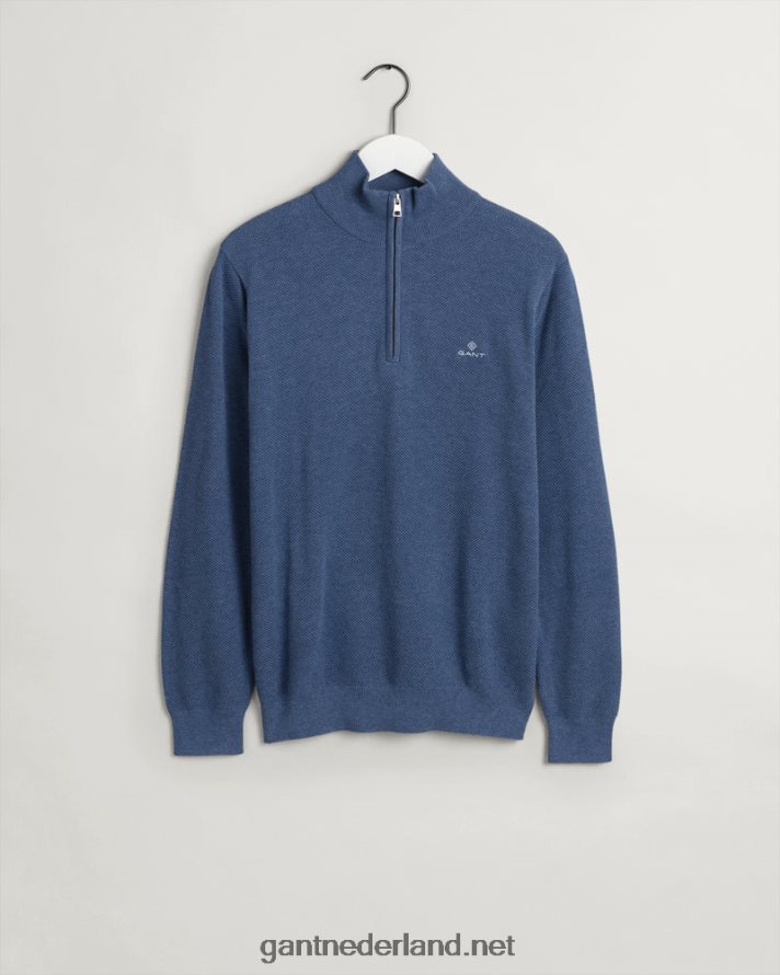 GANT Heren denimblauw mel sweater van piquékatoen met halve rits R48460318