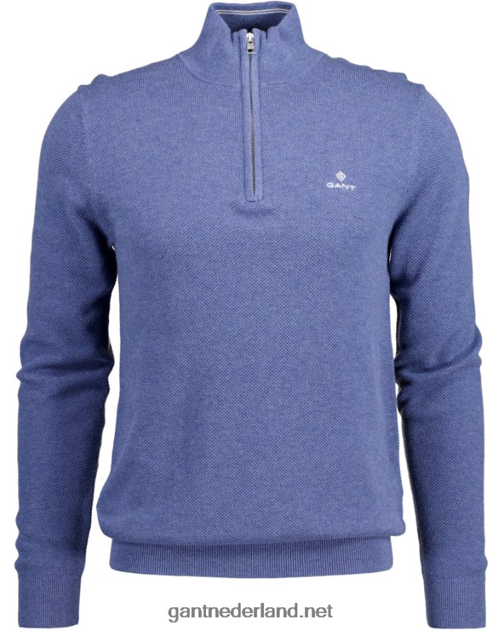 GANT Heren denimblauw mel sweater van piquékatoen met halve rits R48460318