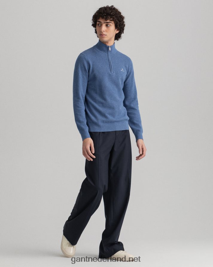 GANT Heren denimblauw mel sweater van piquékatoen met halve rits R48460318