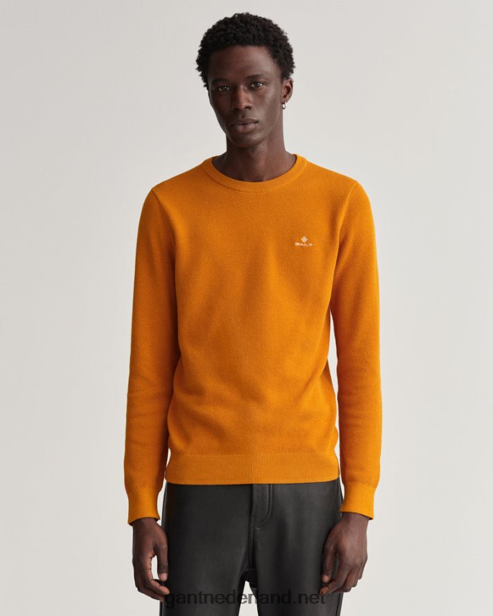 GANT Heren dk mosterd sinaasappel katoenen piqué trui met ronde hals R48460305