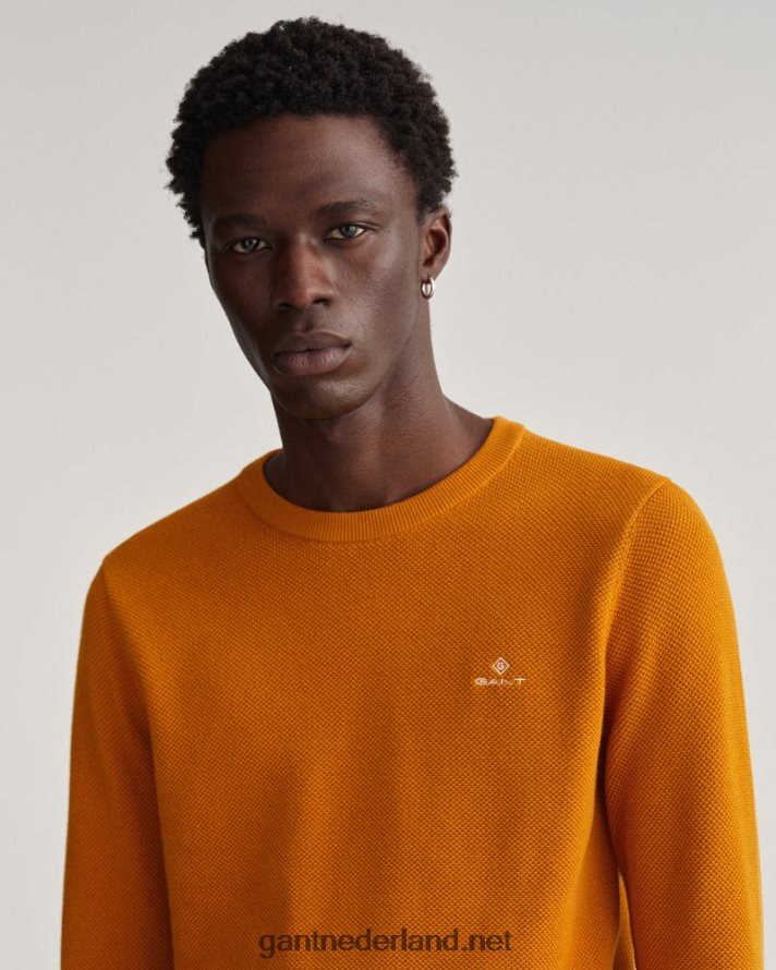 GANT Heren dk mosterd sinaasappel katoenen piqué trui met ronde hals R48460305