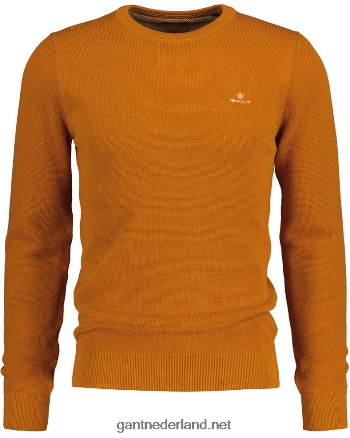 GANT Heren dk mosterd sinaasappel katoenen piqué trui met ronde hals R48460305