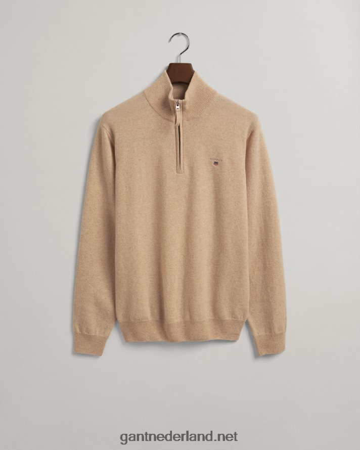 GANT Heren dk. zand melange superfijne lamswollen trui met halve rits R48460334