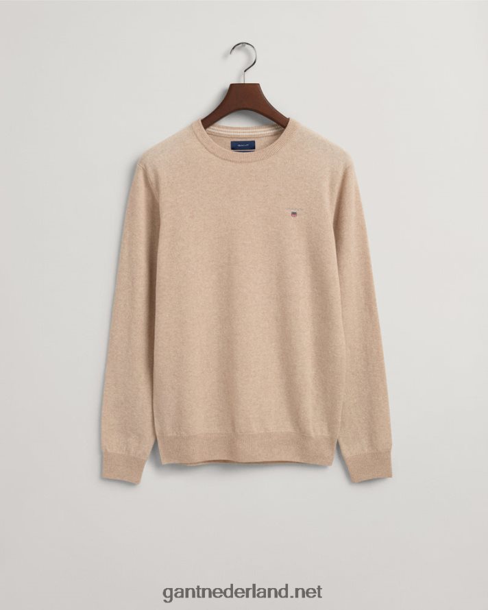 GANT Heren dk. zand melange superfijne lamswollen trui met ronde hals R48460340