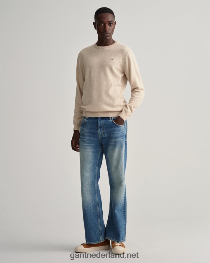 GANT Heren dk. zand melange superfijne lamswollen trui met ronde hals R48460340