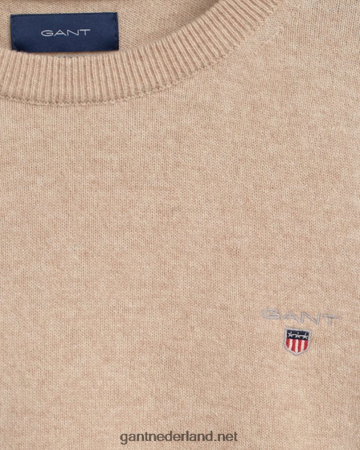 GANT Heren dk. zand melange superfijne lamswollen trui met ronde hals R48460340
