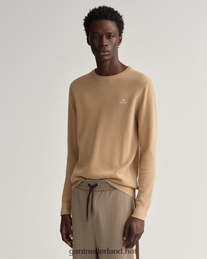 GANT Heren donker kaki katoenen piqué trui met ronde hals R48460328