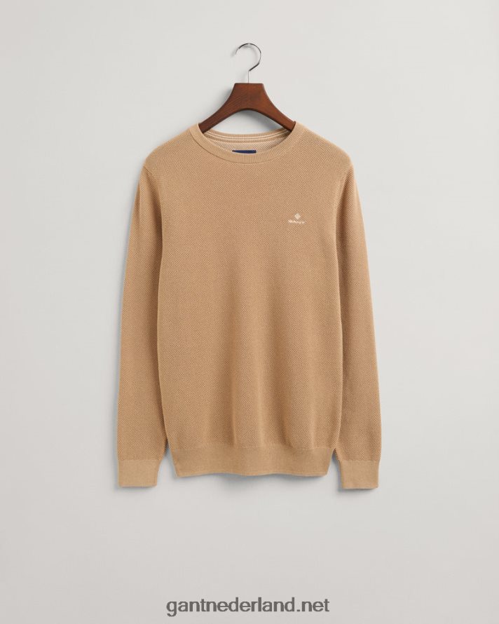 GANT Heren donker kaki katoenen piqué trui met ronde hals R48460328