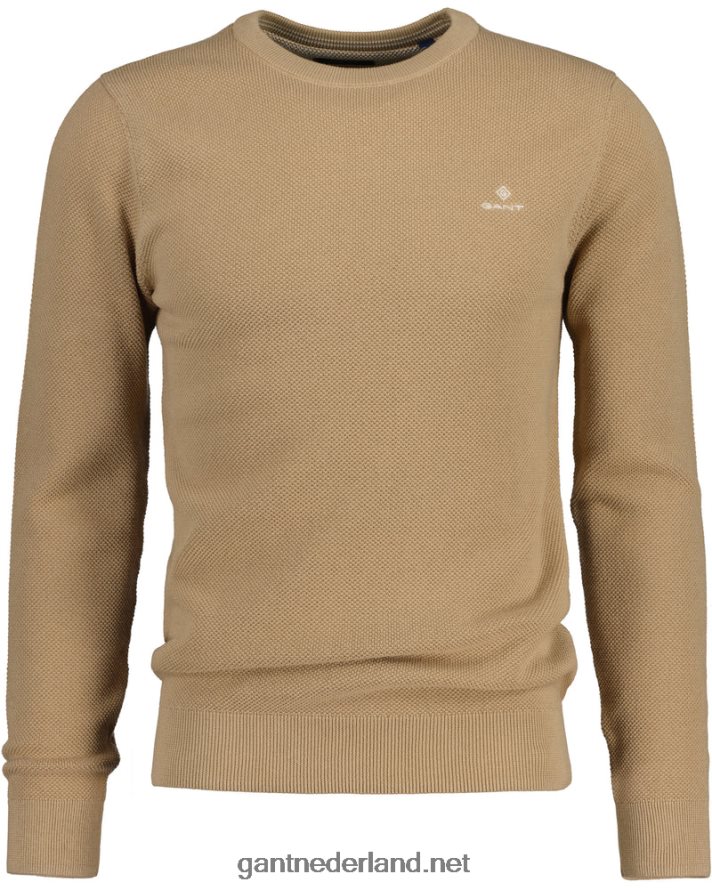 GANT Heren donker kaki katoenen piqué trui met ronde hals R48460328