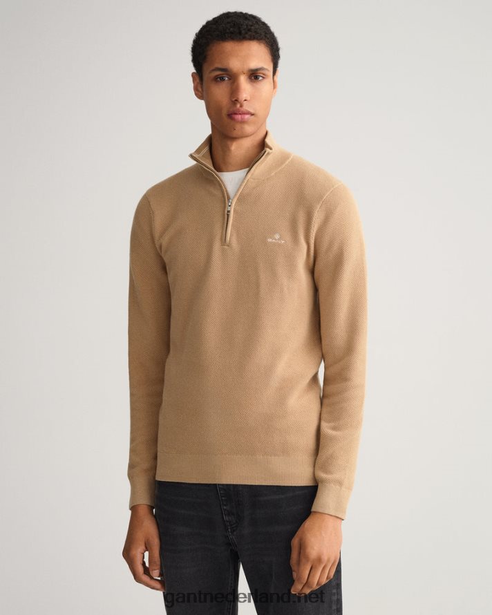 GANT Heren donker kaki sweater van piquékatoen met halve rits R48460358