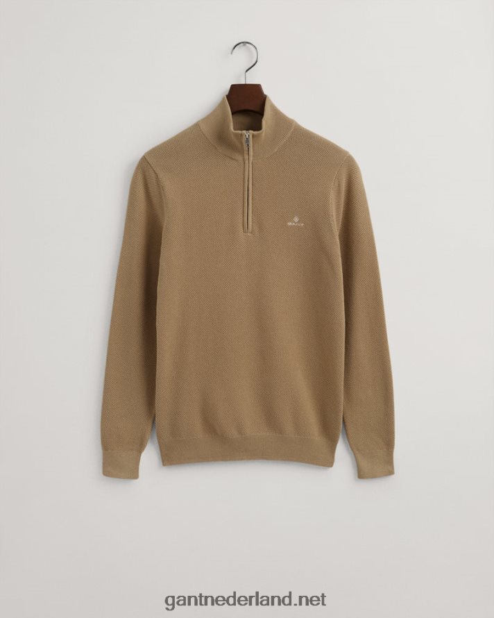 GANT Heren donker kaki sweater van piquékatoen met halve rits R48460358