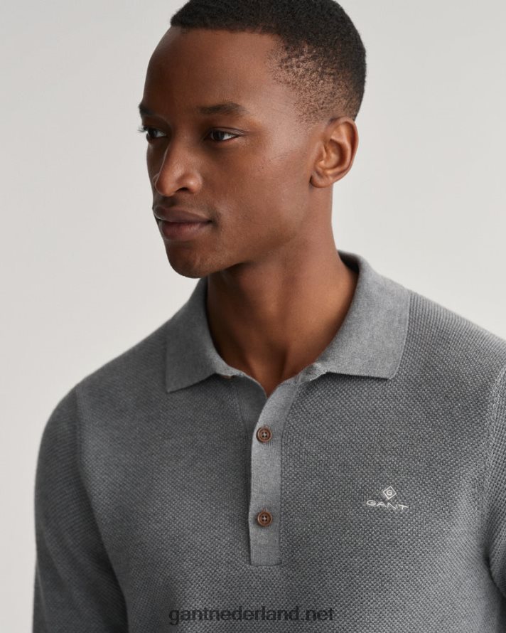 GANT Heren donkergrijs gemêleerd katoenen piqué polosweater R48460359