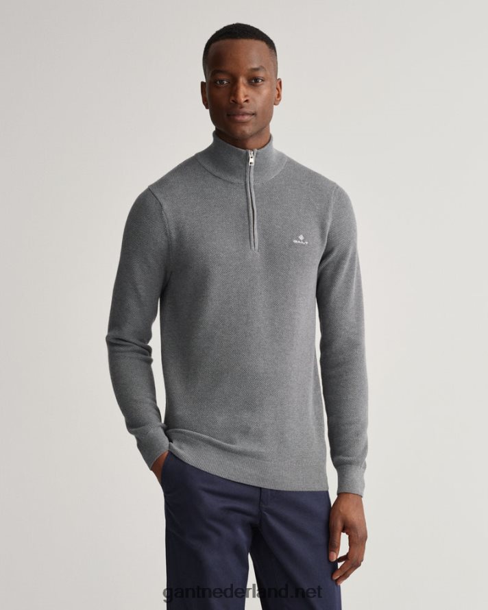 GANT Heren donkergrijs gemêleerd sweater van piquékatoen met halve rits R48460348