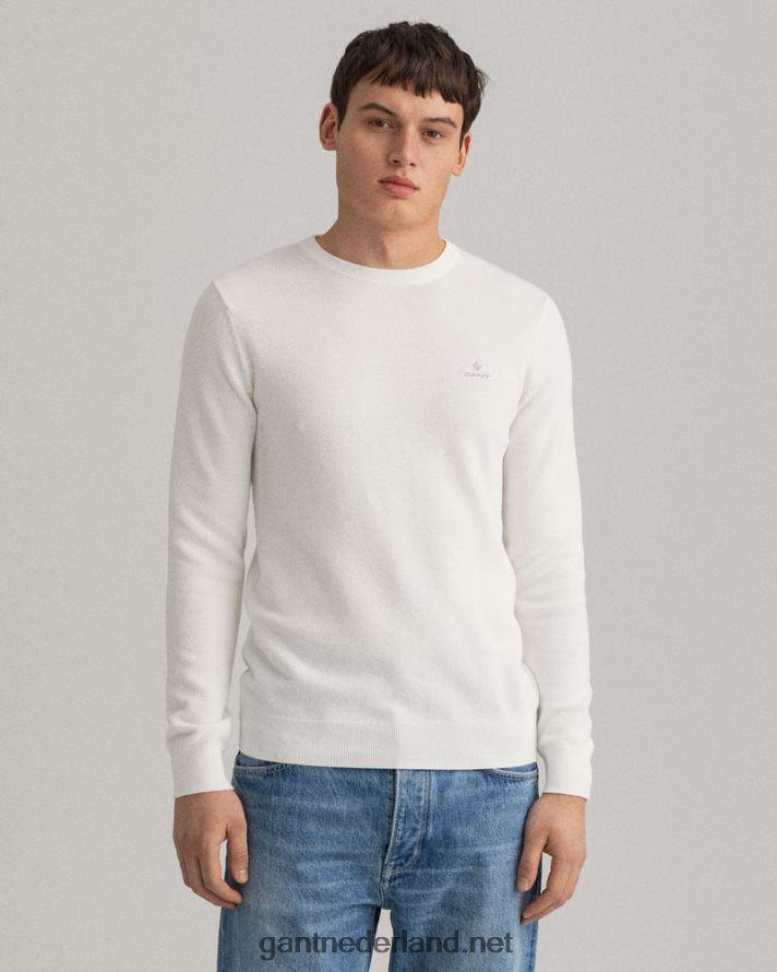 GANT Heren eierschaal katoenen piqué trui met ronde hals R48460323