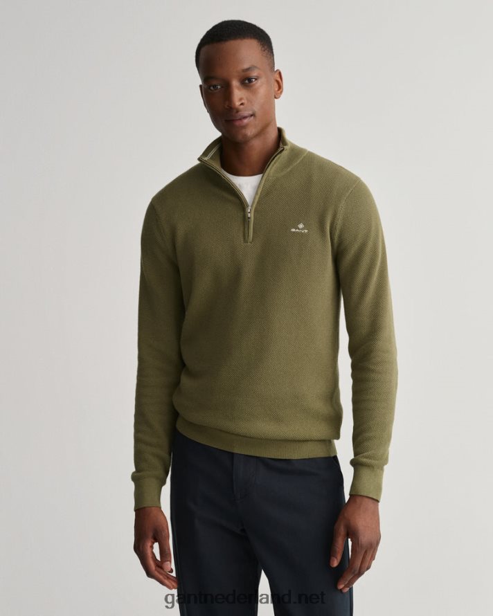 GANT Heren jagersgroen sweater van piquékatoen met halve rits R48460354