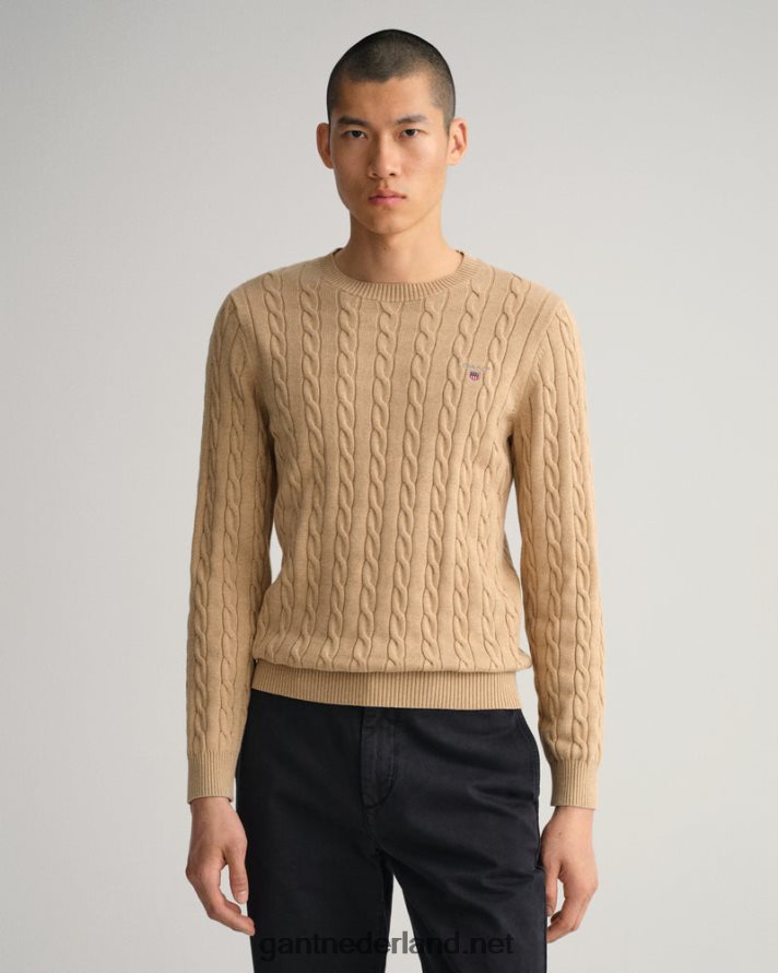 GANT Heren kaki meel katoenen kabeltrui met ronde hals R48460315