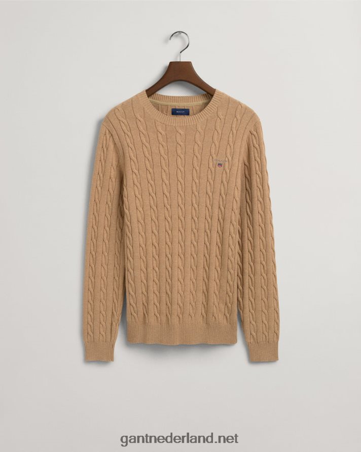 GANT Heren kaki meel katoenen kabeltrui met ronde hals R48460315