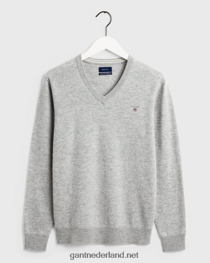 GANT Heren lichtgrijs gemêleerd superfijne lamswollen v-hals trui R48460364