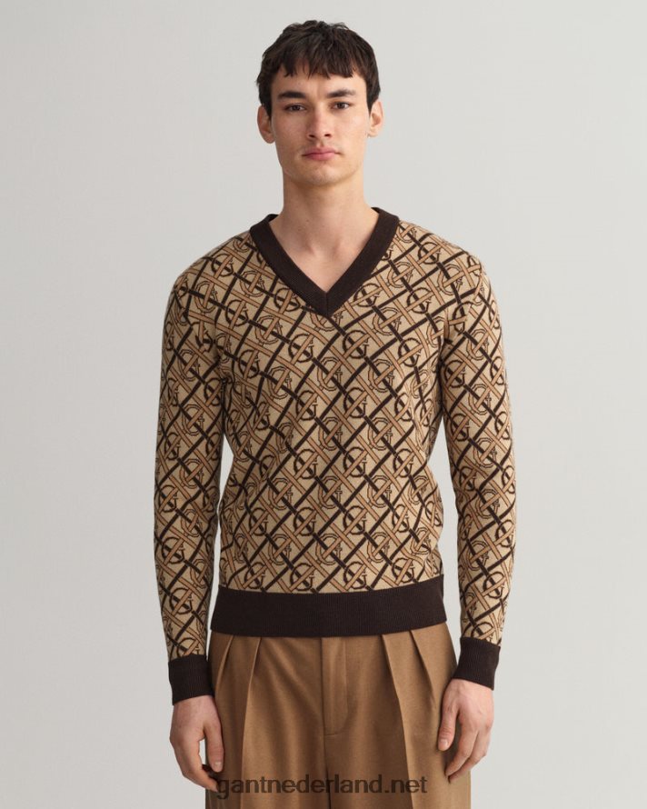 GANT Heren rijk bruin monogram merino trui met v-hals R48460363