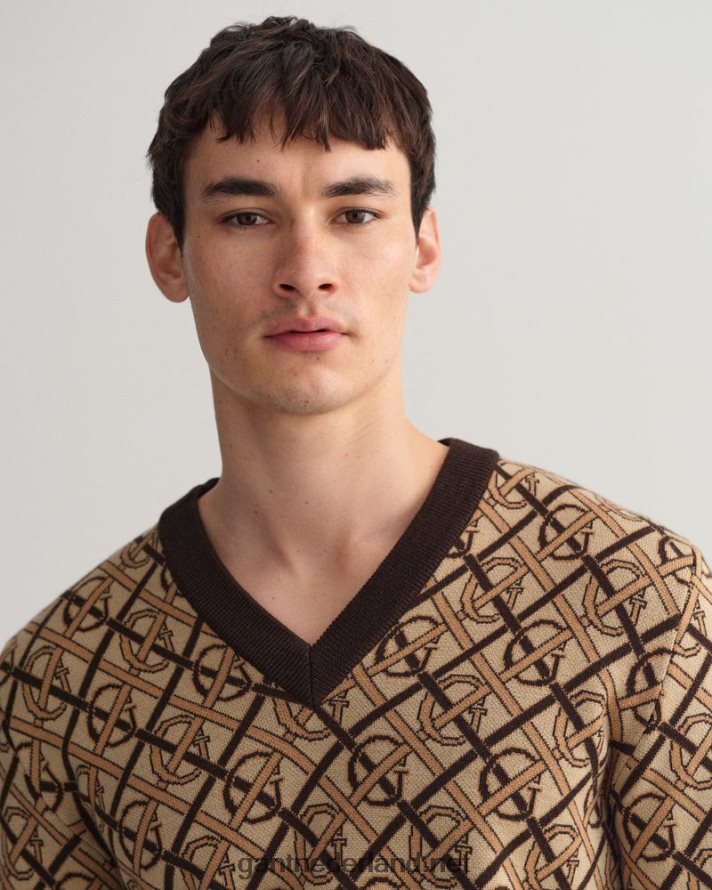 GANT Heren rijk bruin monogram merino trui met v-hals R48460363
