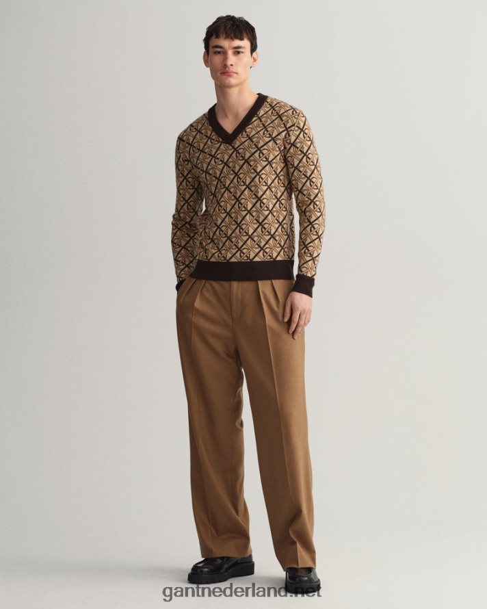 GANT Heren rijk bruin monogram merino trui met v-hals R48460363