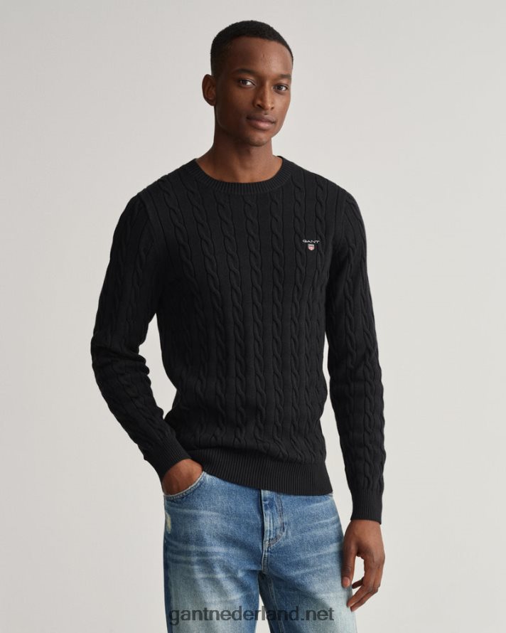 GANT Heren zwart katoenen kabeltrui met ronde hals R48460321