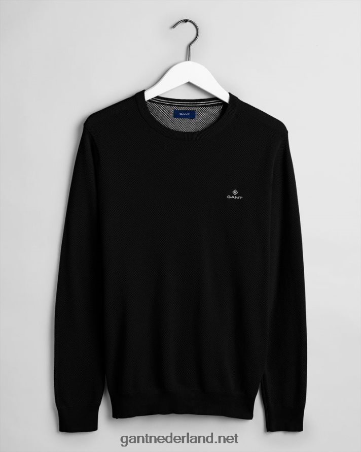 GANT Heren zwart katoenen piqué trui met ronde hals R48460331