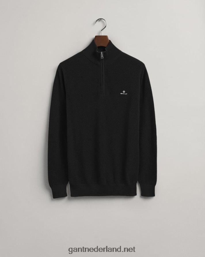 GANT Heren zwart sweater van piquékatoen met halve rits R48460346