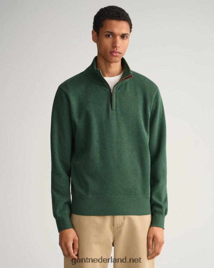 GANT Heren bosgroen mel geribd sweatshirt met halve rits R48460241