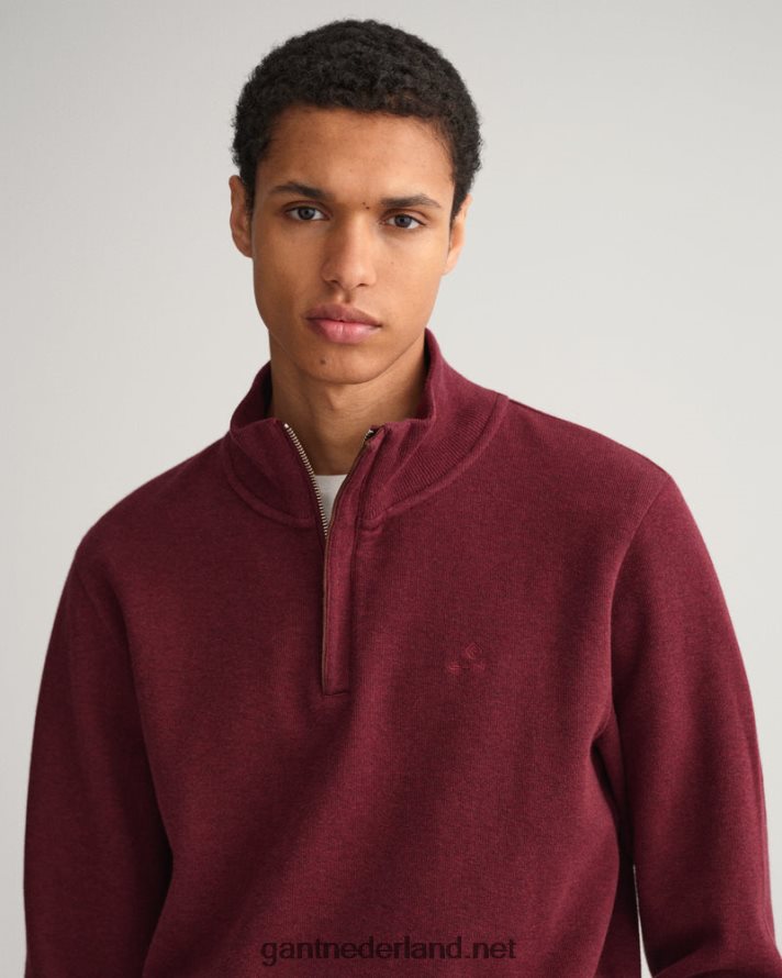 GANT Heren dk. bordeaux gem geribd sweatshirt met halve rits R48460267