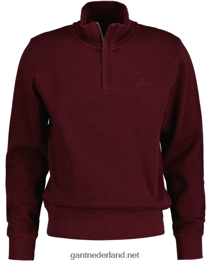 GANT Heren dk. bordeaux gem geribd sweatshirt met halve rits R48460267