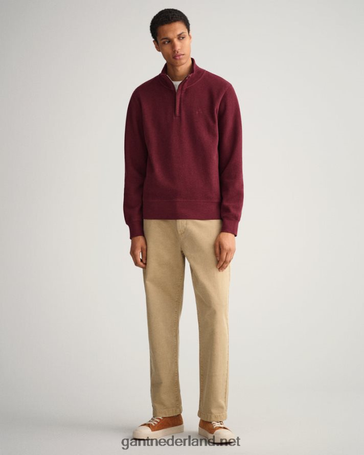 GANT Heren dk. bordeaux gem geribd sweatshirt met halve rits R48460267