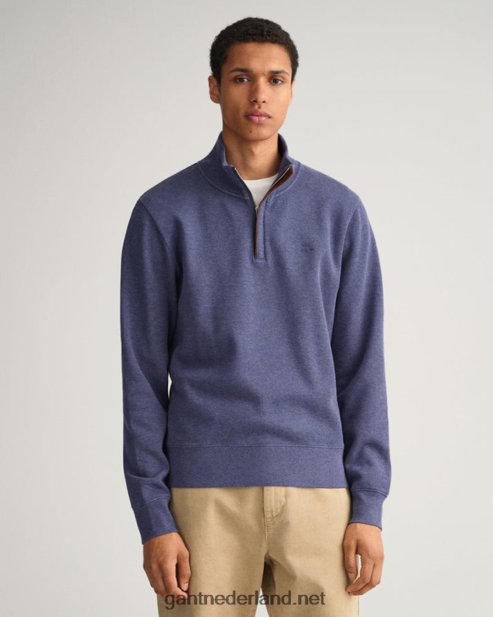 GANT Heren donker jeansblauw gemêleerd geribd sweatshirt met halve rits R48460266