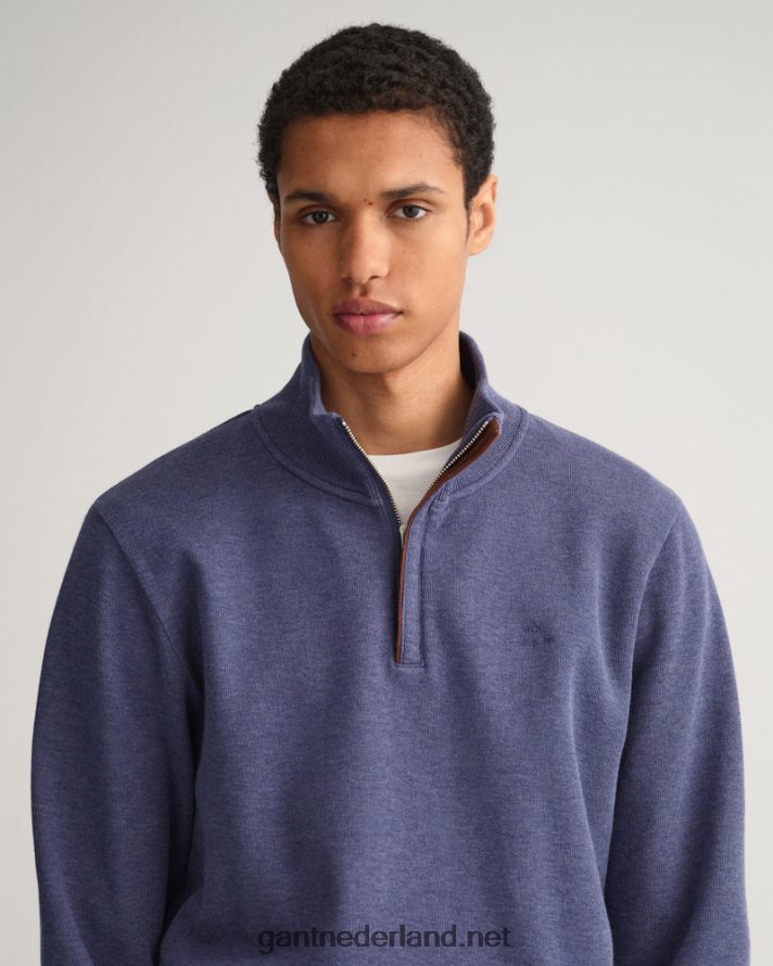 GANT Heren donker jeansblauw gemêleerd geribd sweatshirt met halve rits R48460266