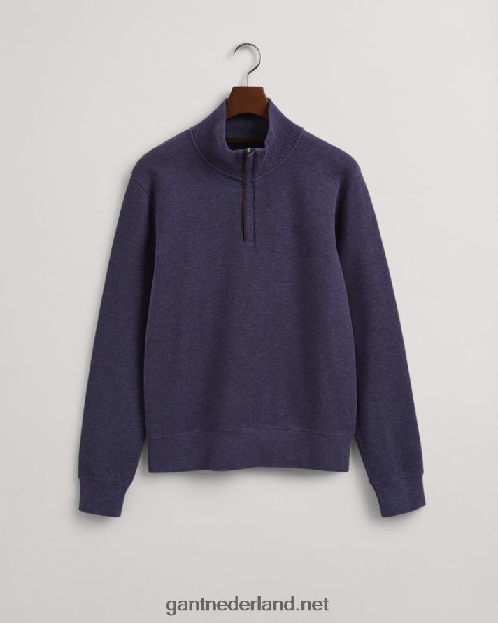 GANT Heren donker jeansblauw gemêleerd geribd sweatshirt met halve rits R48460266