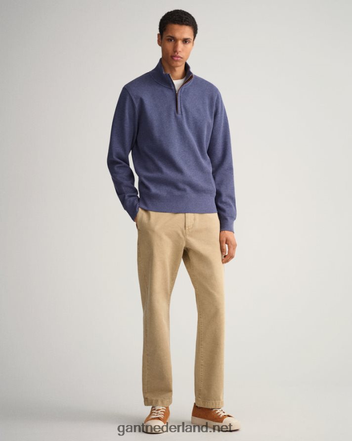 GANT Heren donker jeansblauw gemêleerd geribd sweatshirt met halve rits R48460266
