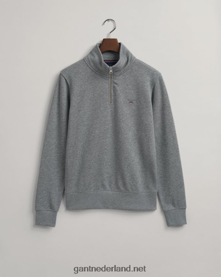 GANT Heren grijs gemêleerd origineel sweatshirt met halve ritssluiting R48460273